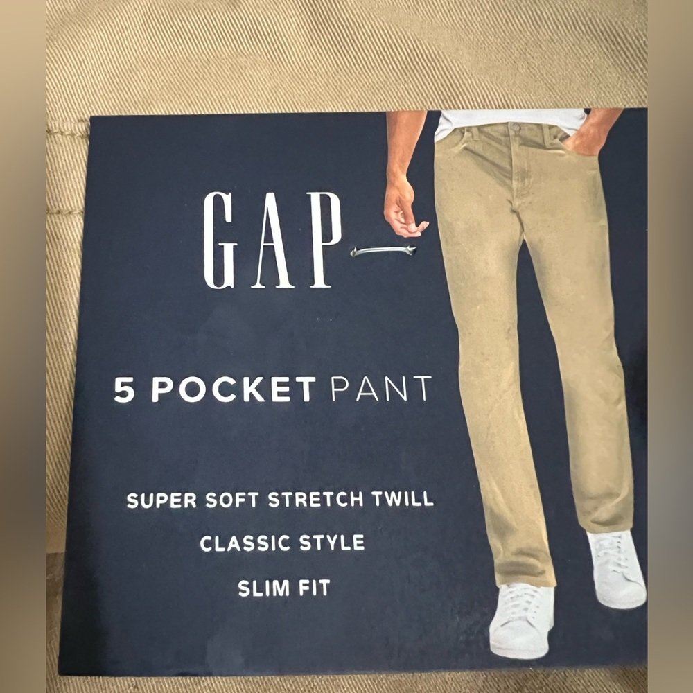 NWT Gap Men’s Stretch Slim Fit 5 Pocket Soft Stretch Pant Twill Tannin Tan 34x30 - Picture 2 of 6